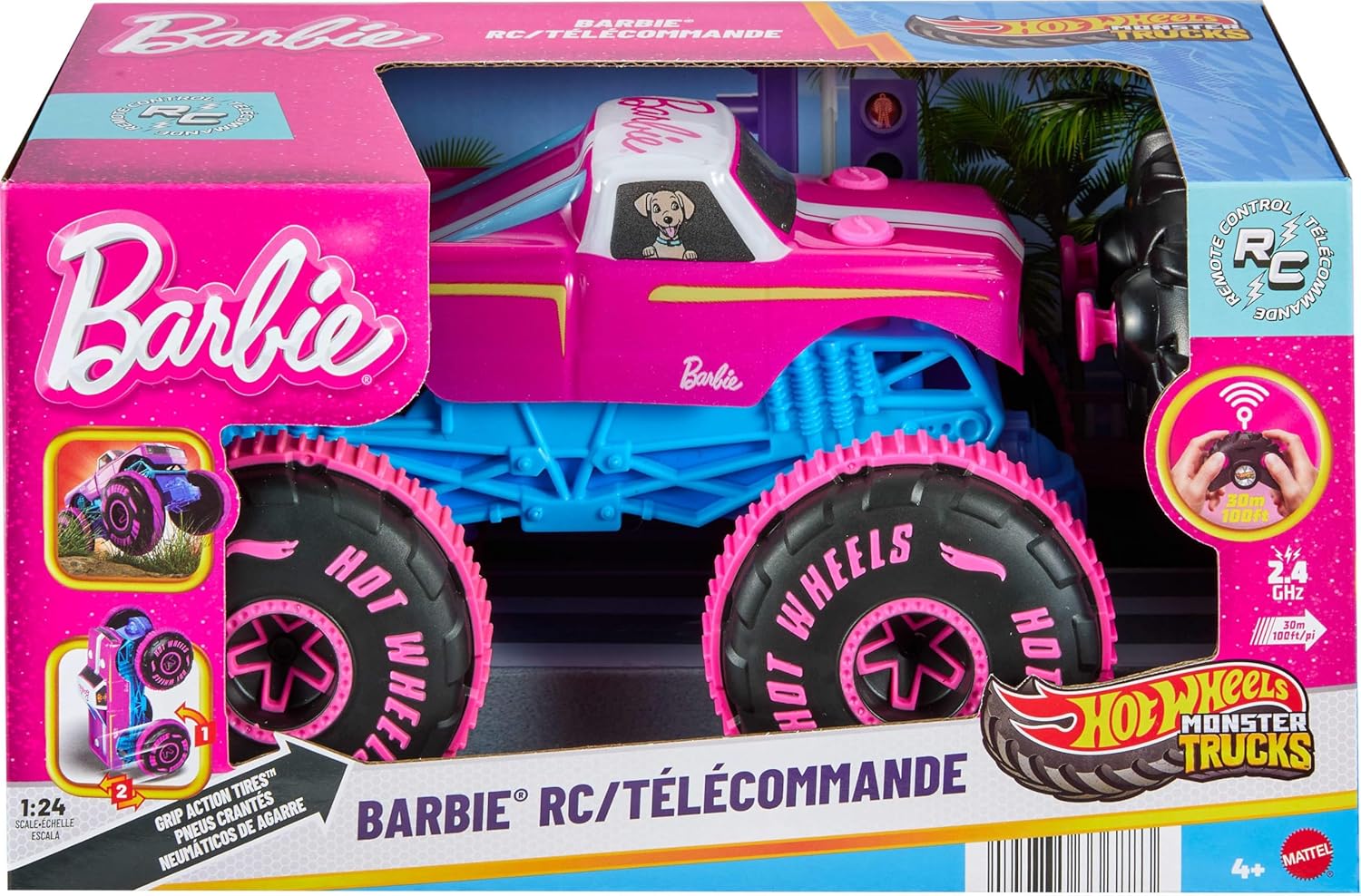 Hot Wheels Monster Trucks 1:24 Scale Barbie RC Toy Vehicle, Battery-Powered Remote-Control Truck